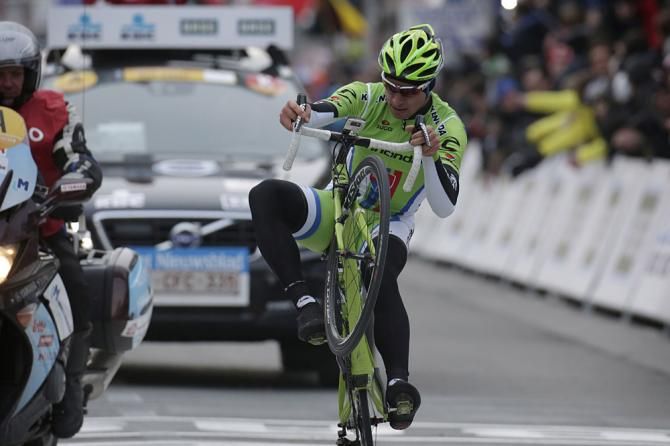 Peter Sagan (Cannondale) continued his tradition of unconventional victory salutes in Gent-Wevelgem
