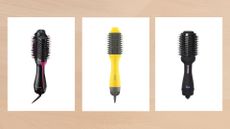 Collage of three of the best hot brushes featured in this guide from (left to right) Revlon, Drybar and Amika, set against a dark beige watercolour style background