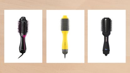 Collage of three of the best hot brushes featured in this guide from (left to right) Revlon, Drybar and Amika, set against a dark beige watercolour style background