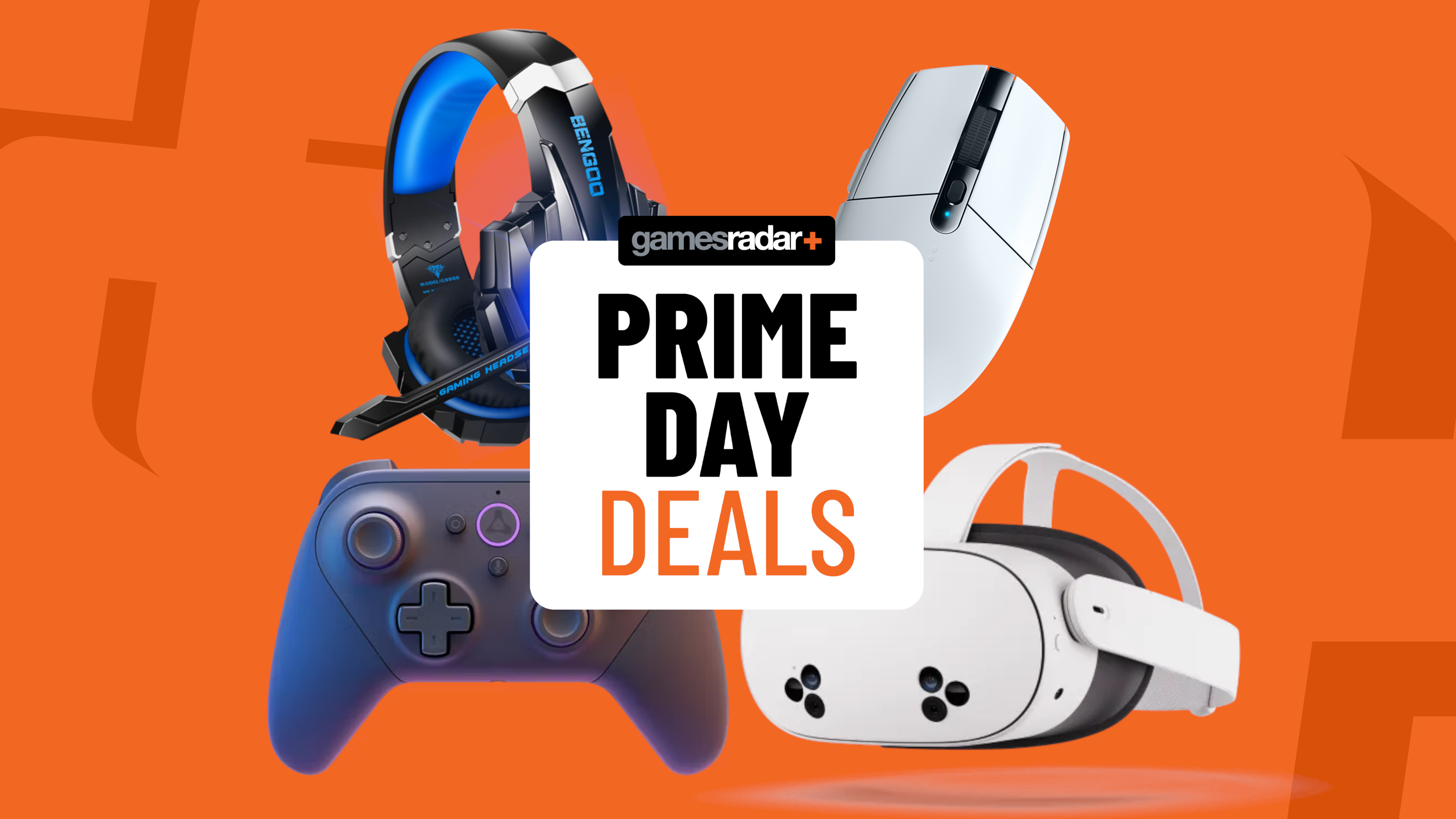 Gaming gadgets on an orange background with Prime Day deals badge in the middle