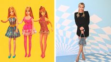Three vintage dolls in pink outfits on a yellow background next to Emma Roberts in a black long-sleeved dress standing in front of a baby blue gingham wall