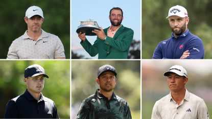 Rory McIlroy (top left), Scottie Scheffler holding The Masters trophy (top centre), Jon Rahm (top right), Ludvig Aberg (bottom left), Xander Schauffele (bottom centre), Collin Morikawa (bottom right)
