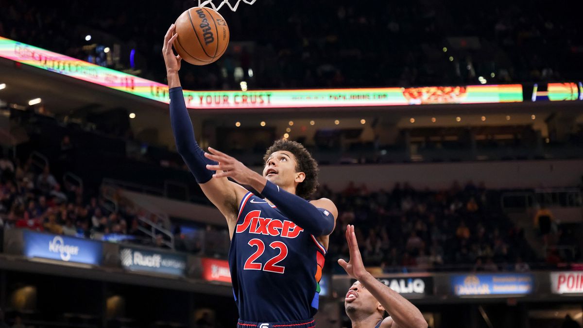 Matisse Thybulle #22 of the Philadelphia 76ers attempts a shot while being guarded by Buddy Hield #24 of the Indiana Pacers in the third quarter at Gainbridge Fieldhouse on April 05, 2022 in Indianapolis, Indiana.