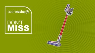 Dyson V7 Advanced vacuum on green background with TechRadar branding and Don't Miss text