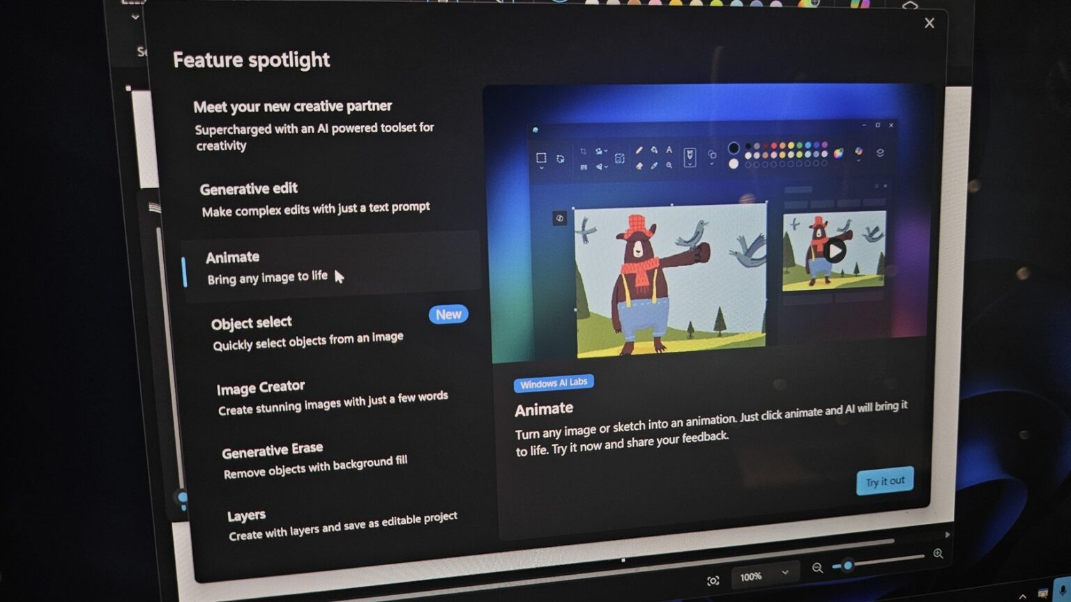 Windows 11 Paint AI Animate Feature shown with explanation of how it works