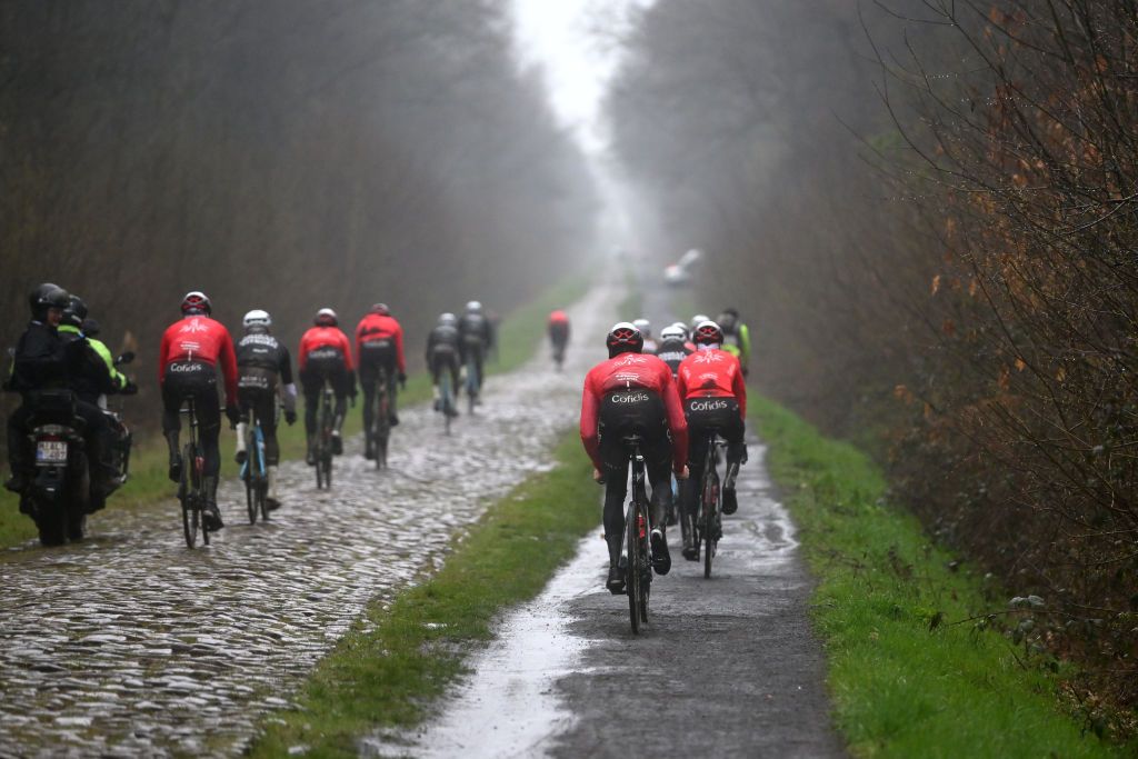 ROUBAIX FRANCE APRIL 06 Riders detail view of Team Cofidis during the ParisRoubaix 2023 Training Day 1 UCIWT on April 06 2023 in Roubaix France Photo by Luc ClaessenGetty Images