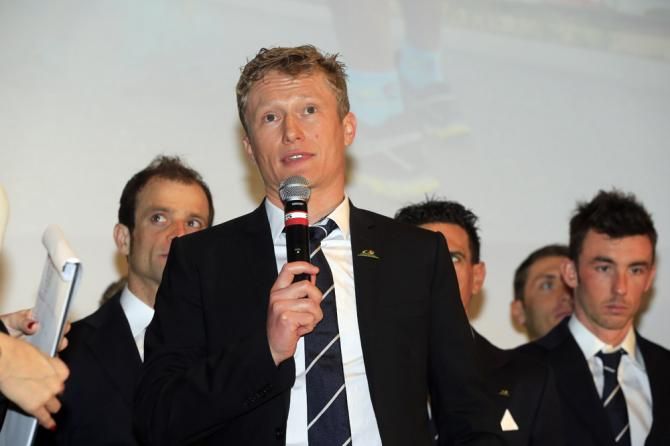 Astana's general manager Alexandr Vinokourov speaks at the team's presentation in Italy