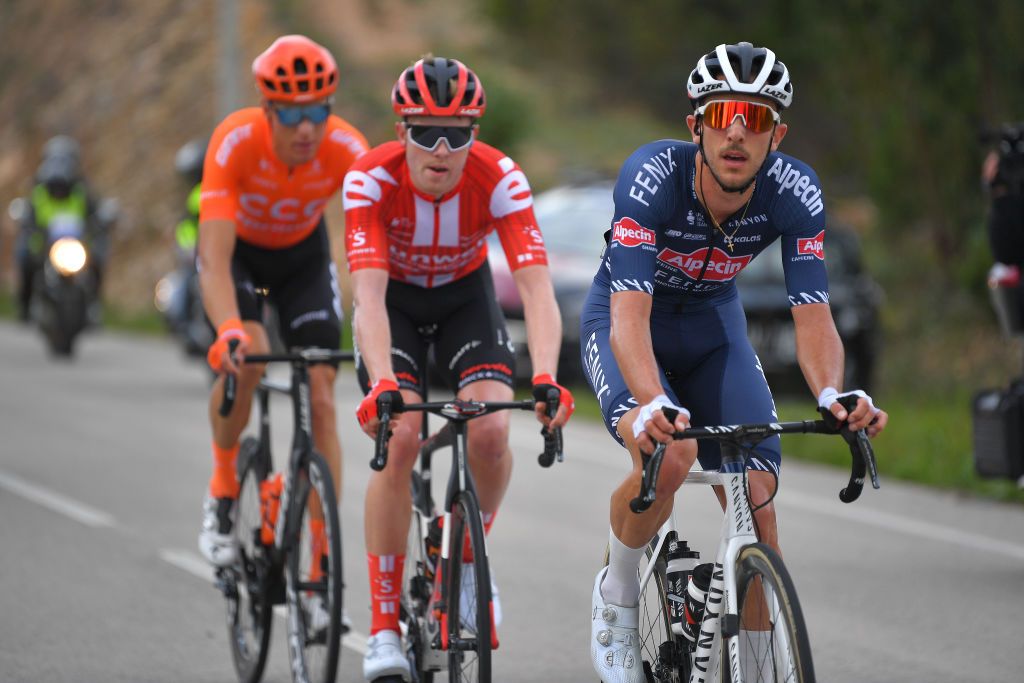 ALTO DA FIA MONCHIQUE PORTUGAL FEBRUARY 20 Dries De Bondt of Belgium and Team AlpecinFenix Casper Pedersen of Denmark and Team Sunweb Michael Schr of Switzerland and CCC Team during the 46th Volta ao Algarve 2020 Stage 2 a 1839 km stage from Sagres Vila do Bispo to Alto da Fia 884m Monchique VAlgarve2020 on February 20 2020 in Alto da Fia Monchique Portugal Photo by Tim de WaeleGetty Images