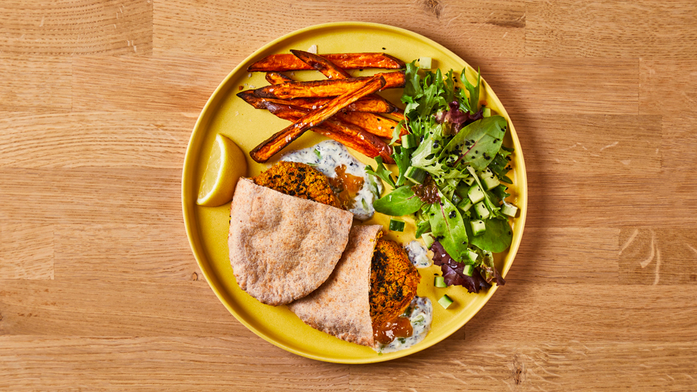 Chickpea Kofte Pitta With Sweet Potato Fries