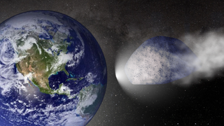 An illustration shows the God of Destruction asteroid Apophis approaching Earth