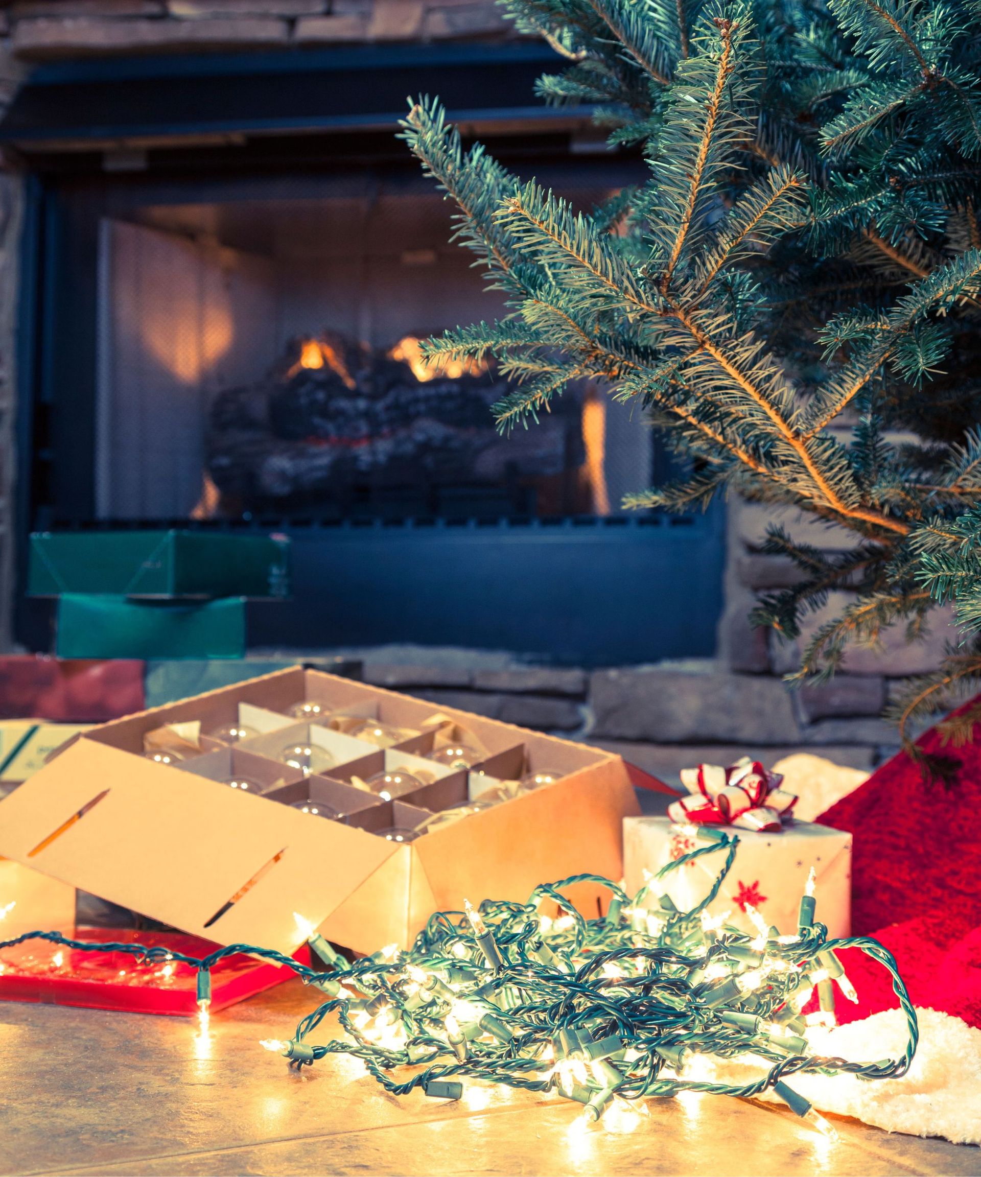 Christmas storage boxes at the base of a tree