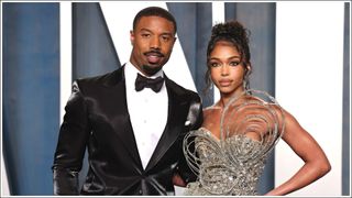 Michael B. Jordan and Lori Harvey attend the 2022 Vanity Fair Oscar Party Hosted By Radhika Jones at Wallis Annenberg Center for the Performing Arts on March 27, 2022 in Beverly Hills, California.
