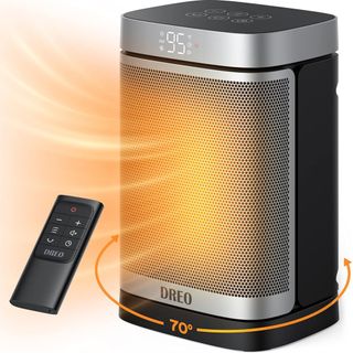 Black and silver DREO space heater with black remote control