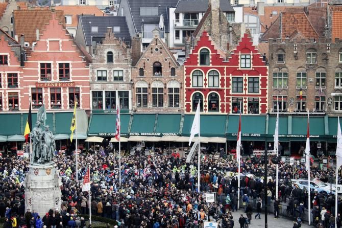The Tour of Flanders peloton awaits the race's start in Bruges.