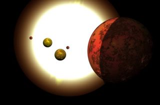 Five confirmed exoplanets pack together orbiting the system Kelpler-80 in this artist's illustration. The first was discovered transiting its star in 2013.