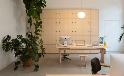 Interior view of the Formafantasma Milan studio featuring grey floors, white walls, a pendant light, custom built light wood office furniture and large green plants in pots