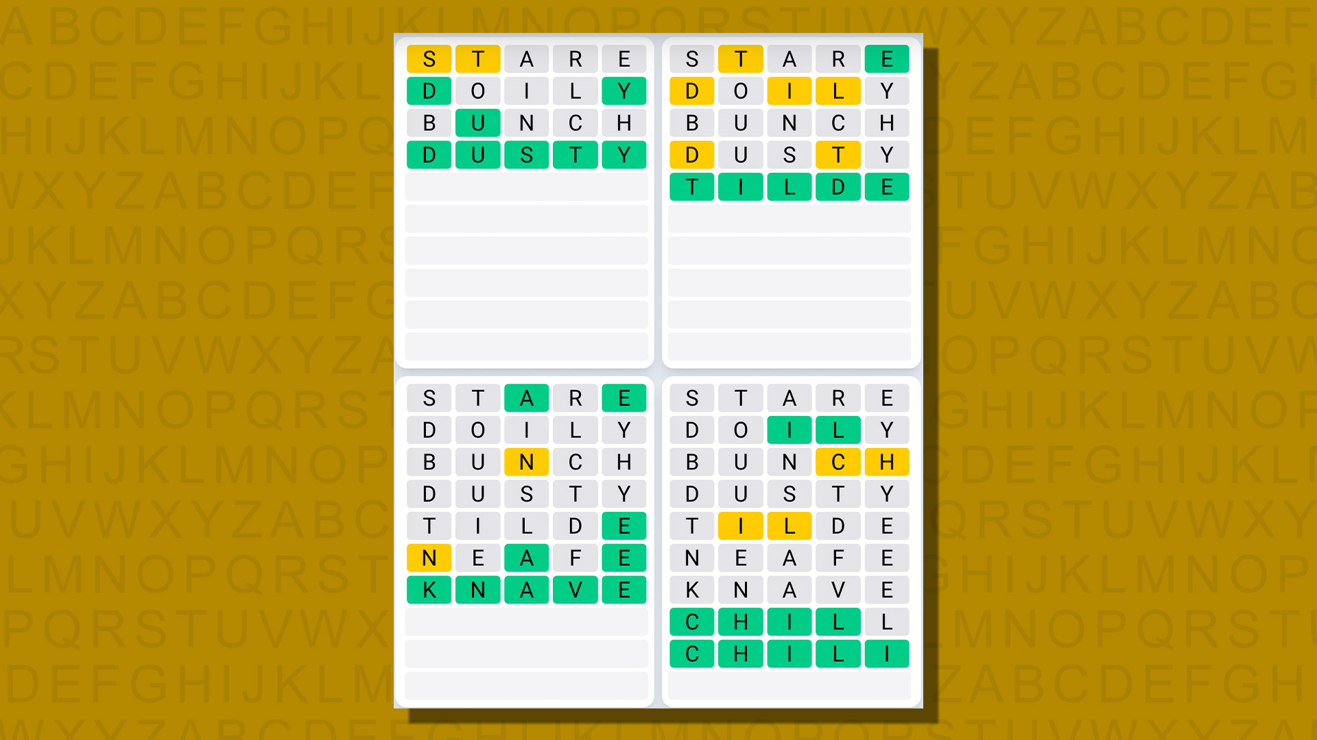 Respuestas de secuencia diaria de Quordle para el juego 760 sobre un fondo amarillo