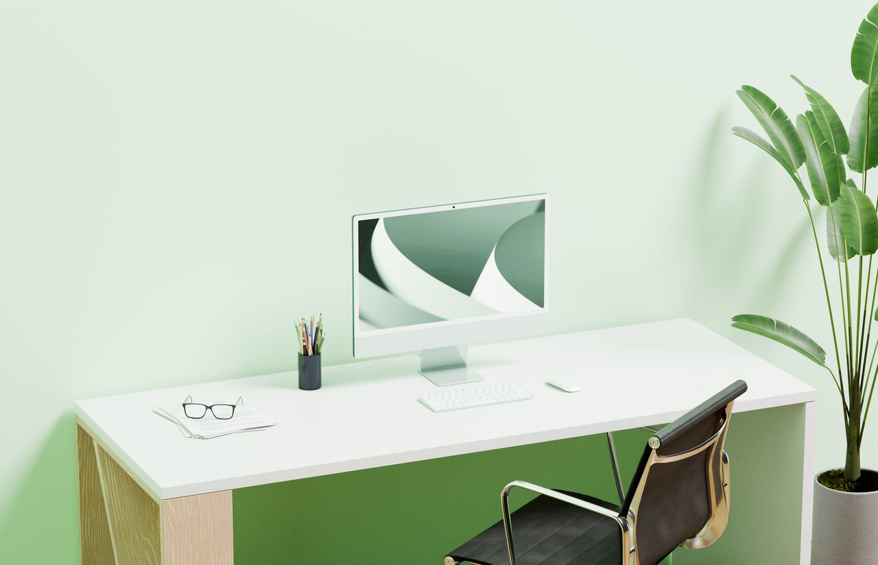 green home office with desk, chair, computer and plant