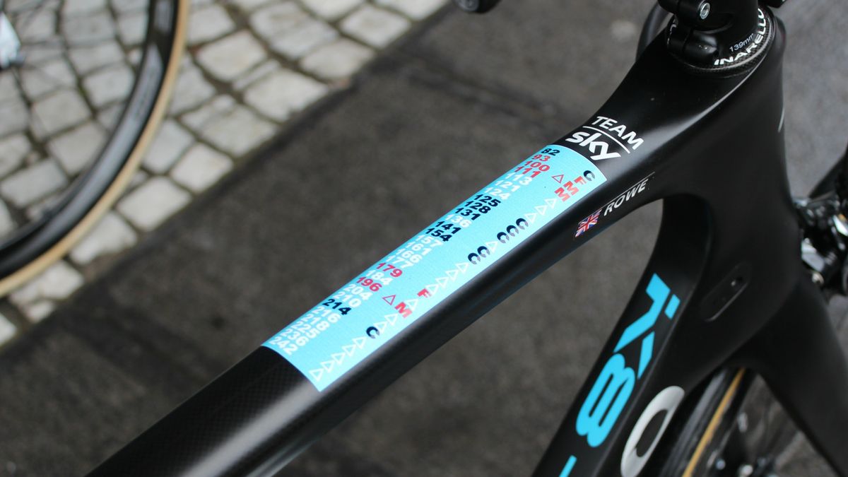 Sky goes a step beyond cutting out the race bible's list of cobble sectors and taping it to the top tube