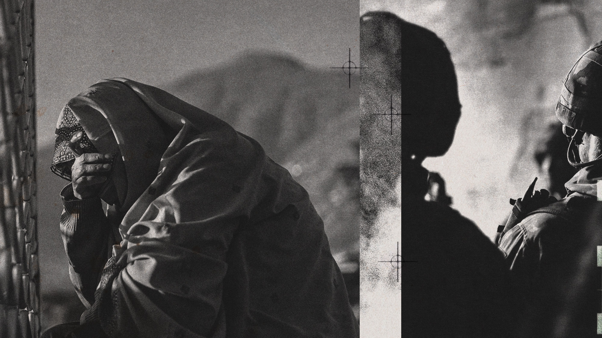 Photo collage of an Afghan woman crying next to a chain fence, and soldiers in tactical gear