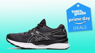 Asics Gel-Nimbus 24 running shoes with Tom's Guide Prime Day stamp and blue background