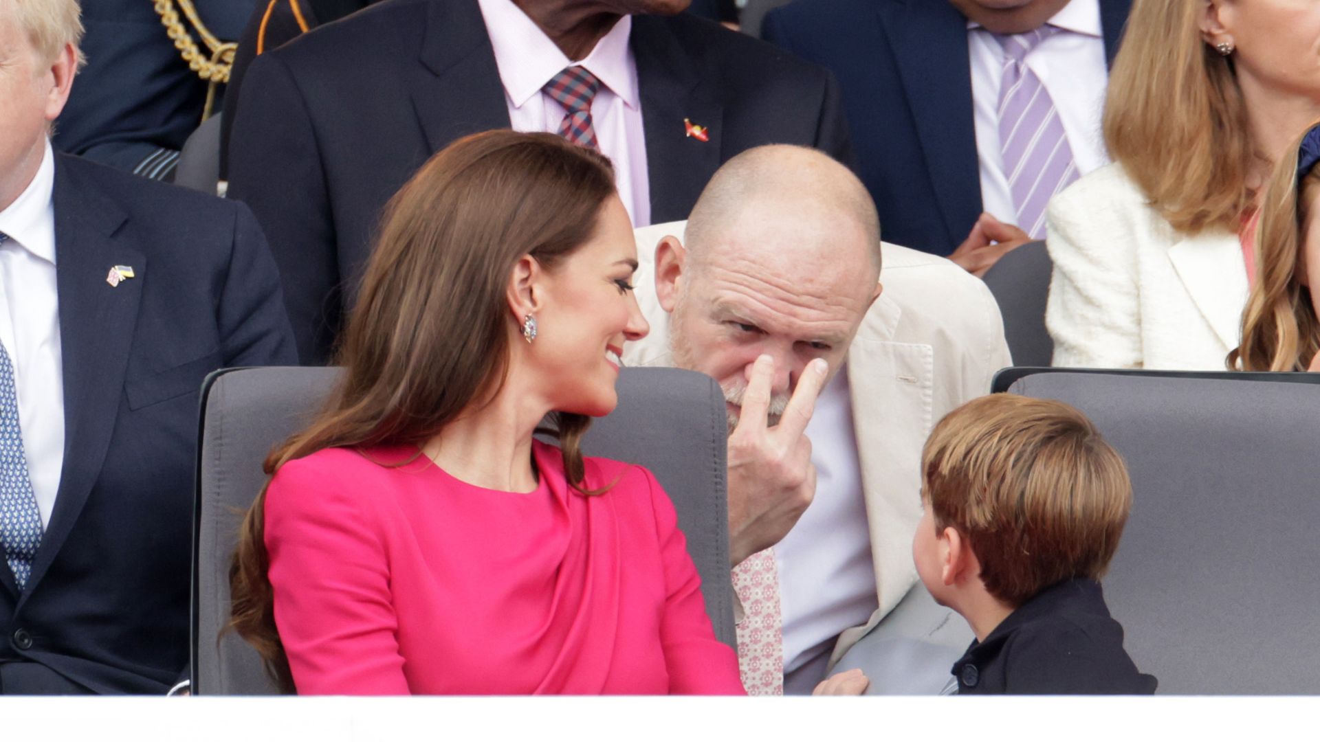 Mike Tindall, Kate Middleton and Prince Louis during the Platinum Jubilee 2022 pageant