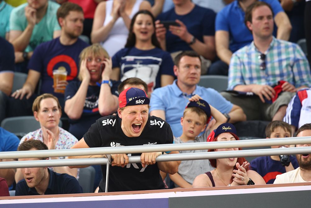 Supporters cheer on Sir Bradley Wiggins of Great Britain and Team Wiggins as he tries to break the UCI One Hour Record at Lee Valley Velopark Velodrome.