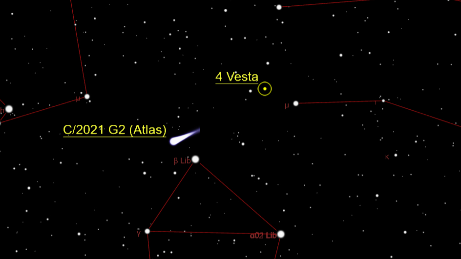 Vesta can be seen to the upper right of the brightest star in the constellation Libra, Zubeneschamali on the night of May 2