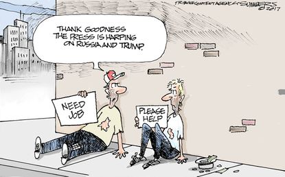 Political cartoon U.S. Trump supporters Russia investigation Unemployment