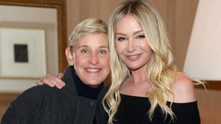 Ellen DeGeneres and Portia de Rossi are seen as RH Celebrates The Unveiling of RH San Francisco, The Gallery at the Historic Bethlehem Steel Building on March 17, 2022 in San Francisco, California.