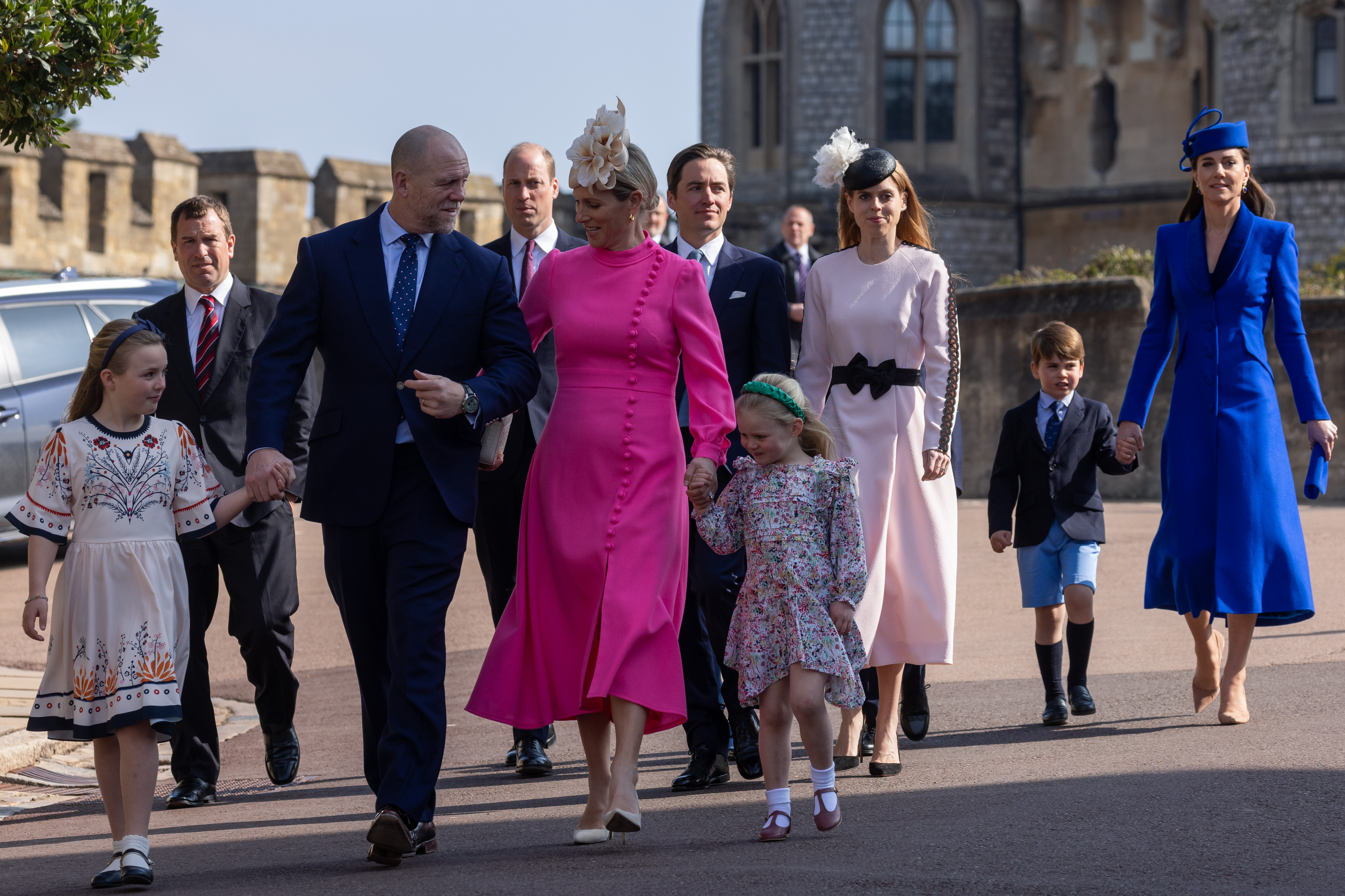 Prince William, Princess Kate, Princess Beatrice, Prince Louis, Zara and Mike Tindall walk to church on Easter