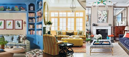 Three examples of living room trends. Blue cabinetry in living room filled with books, floral sofa. Yellow small living room with large window. Large living room decorated with mirrors, intimate seat space.