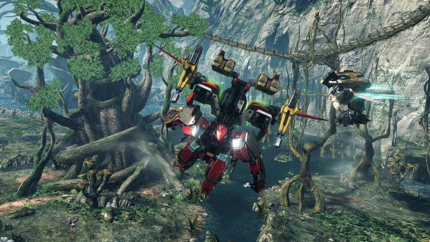 Two Skells flying around a lush green area in Xenoblade Chronicles X: Definitive Edition.