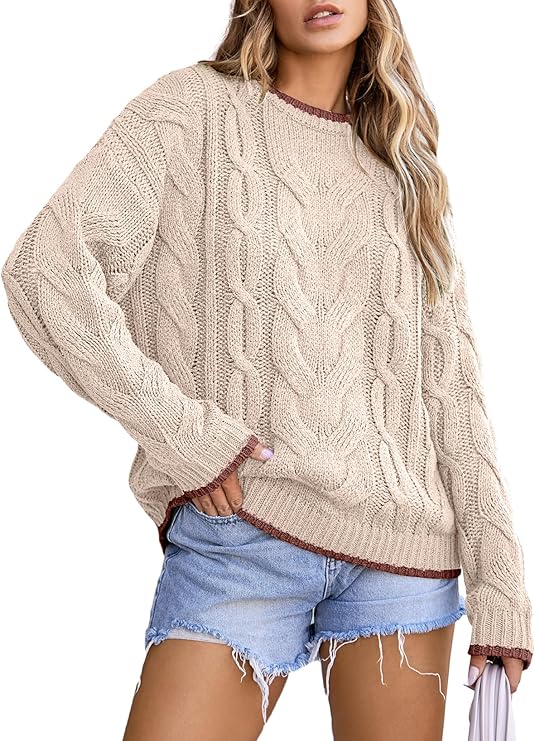 EVALESS, Evaless Sweaters for Women Trendy Crewneck Long Sleeve Color Block Sweater Tops Casual Fall 2025 Chunky Cable Knit Pullover Sweaters Comfy Warm Loose Fit Clothes Beige Large
