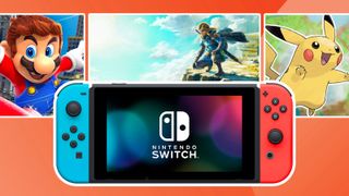 A product shot of the Nintendo Switch and various games behind it, on an orange background