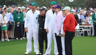 Player, Watson, Nicklaus stand on the first tee