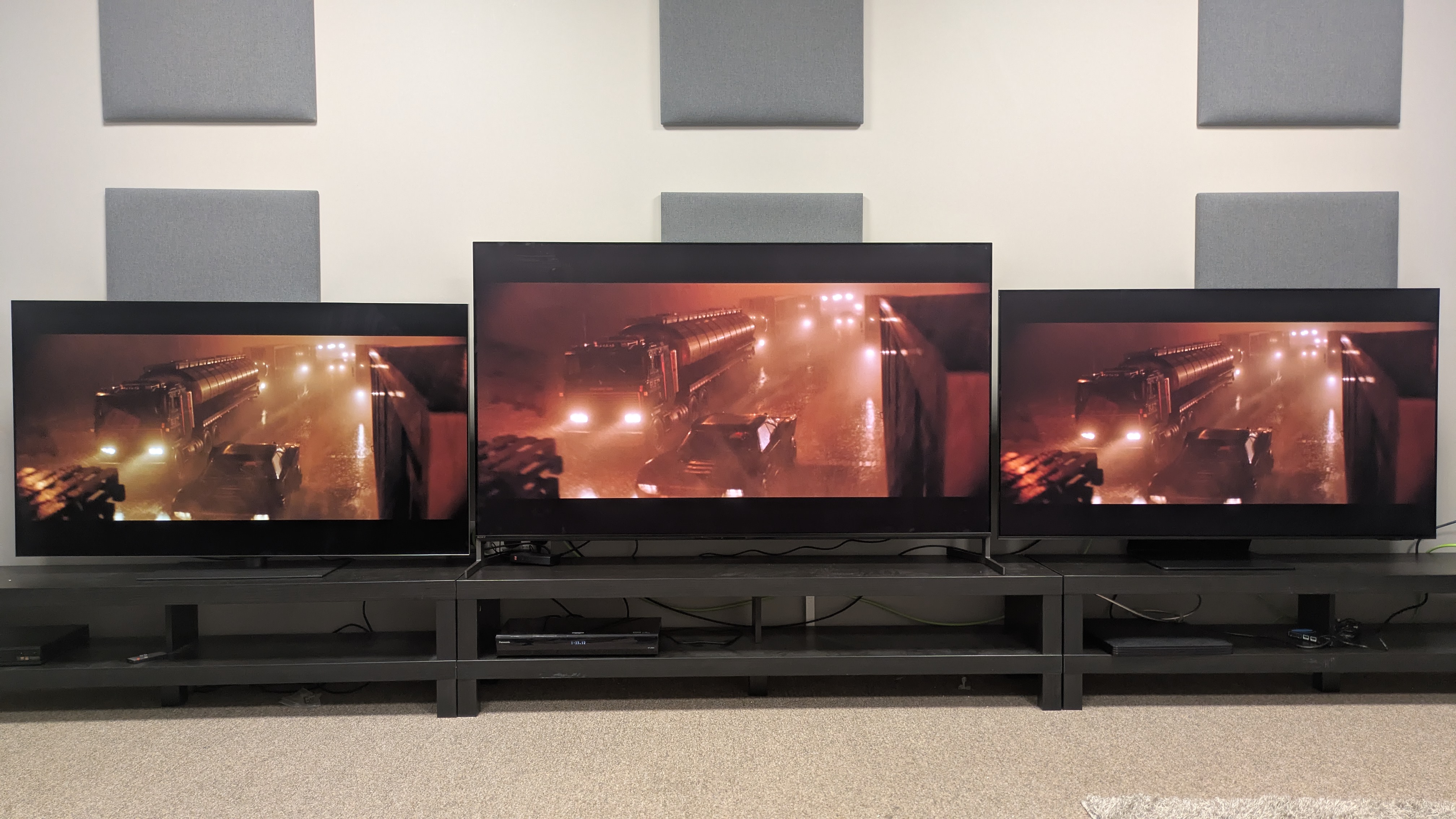LG G5 (left) Sony Bravia 8 II (middle) and Samsung S95F (right) with the Batmobile in traffic from The Batman on screen