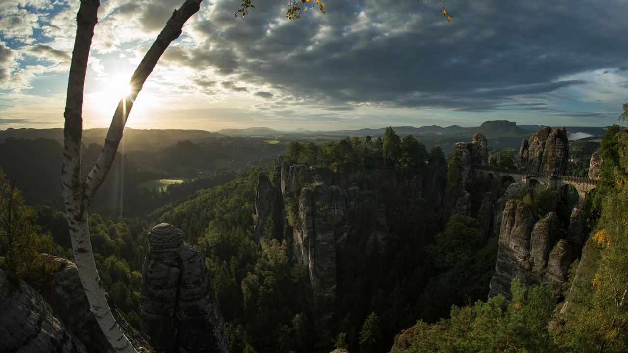 View of the Basteibruecke (Bastei bridge) and the landscape of the Saechsische Schweiz (Saxon Switzerland) region in the Elbe Sandstone Mountains