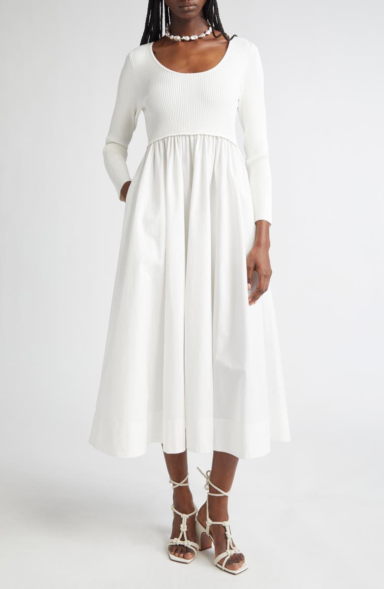 Scoop Neck Long Sleeve Jersey &amp;amp; Poplin Midi Dress