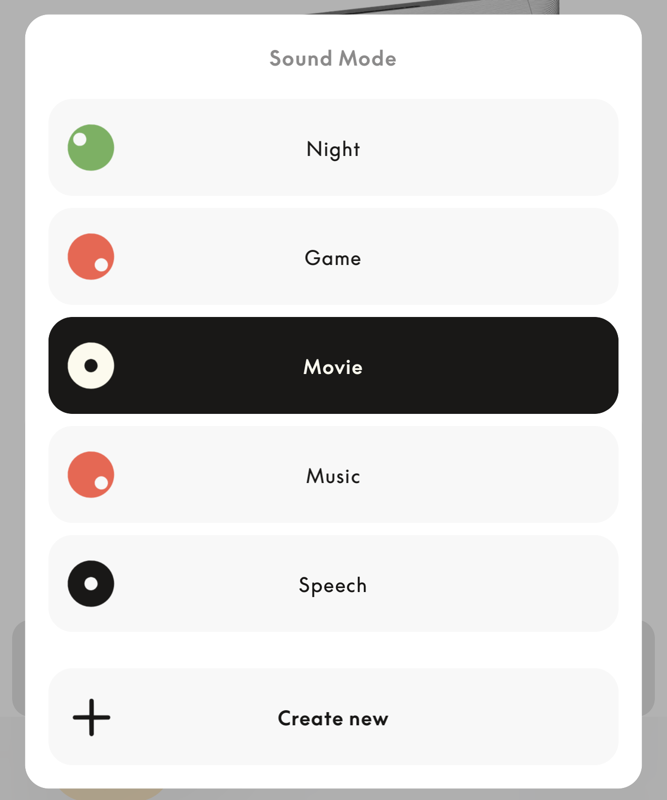 Beosound Premiere Sound Mode selection screen showing Night, Game, Movie, Music and Speech, with Movie selected