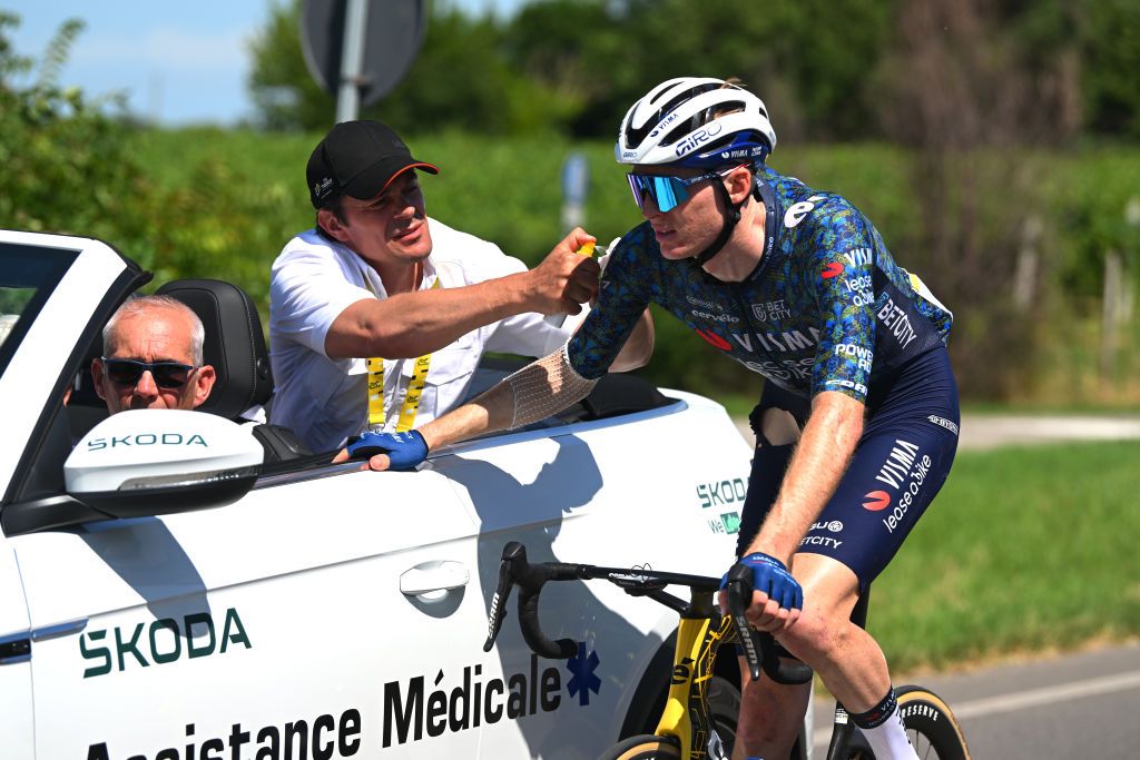 BOLOGNA ITALY JUNE 30 Matteo Jorgenson of The United States and Team Visma Lease a Bike is treated by medical services during the 111th Tour de France 2024 Stage 2 a 1992km stage from Cesenatico to Bologna UCIWT on June 30 2024 in Bologna Italy Photo by Dario BelingheriGetty Images