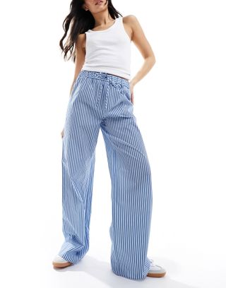 Asos Design Wide Leg Cotton Poplin Trouser in Blue Stripe