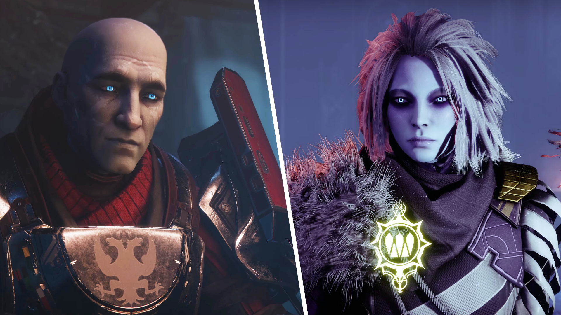 A vertically split image with close-ups of a sad-looking Zavala on the left, and a determined, cold Mara Sov on the right side.