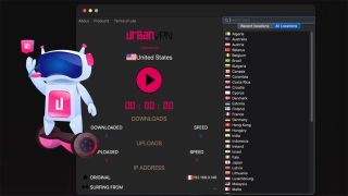 Urban VPN graphic showing its logo, mascot, and server list on Mac