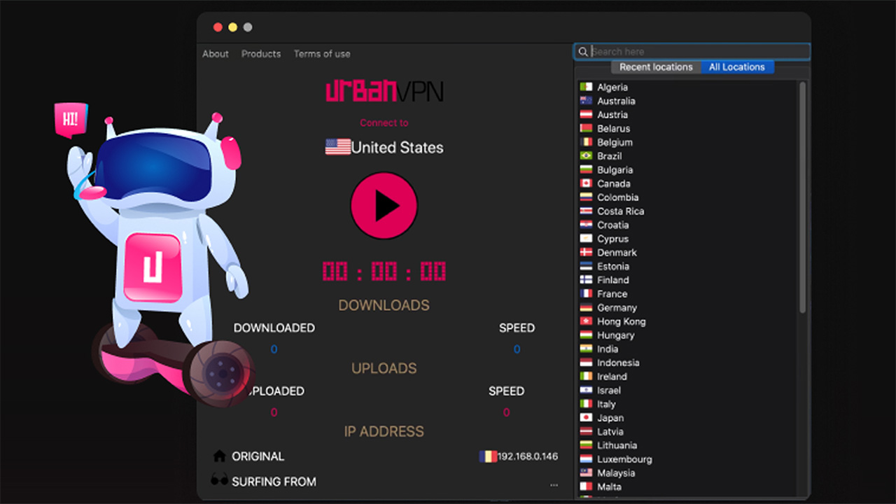 Urban VPN graphic showing its logo, mascot, and server list on Mac