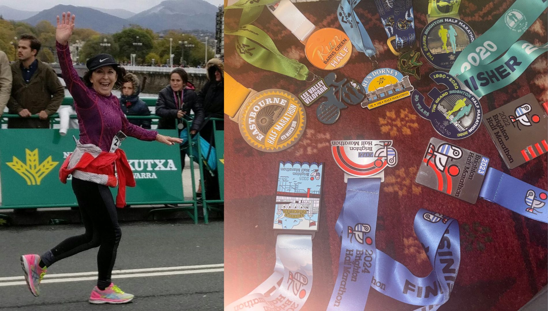 Maria Emmerson running marathon next to collection of medals