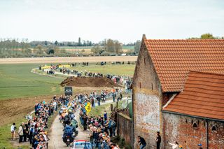 The peloton during Paris-Roubaix 2024