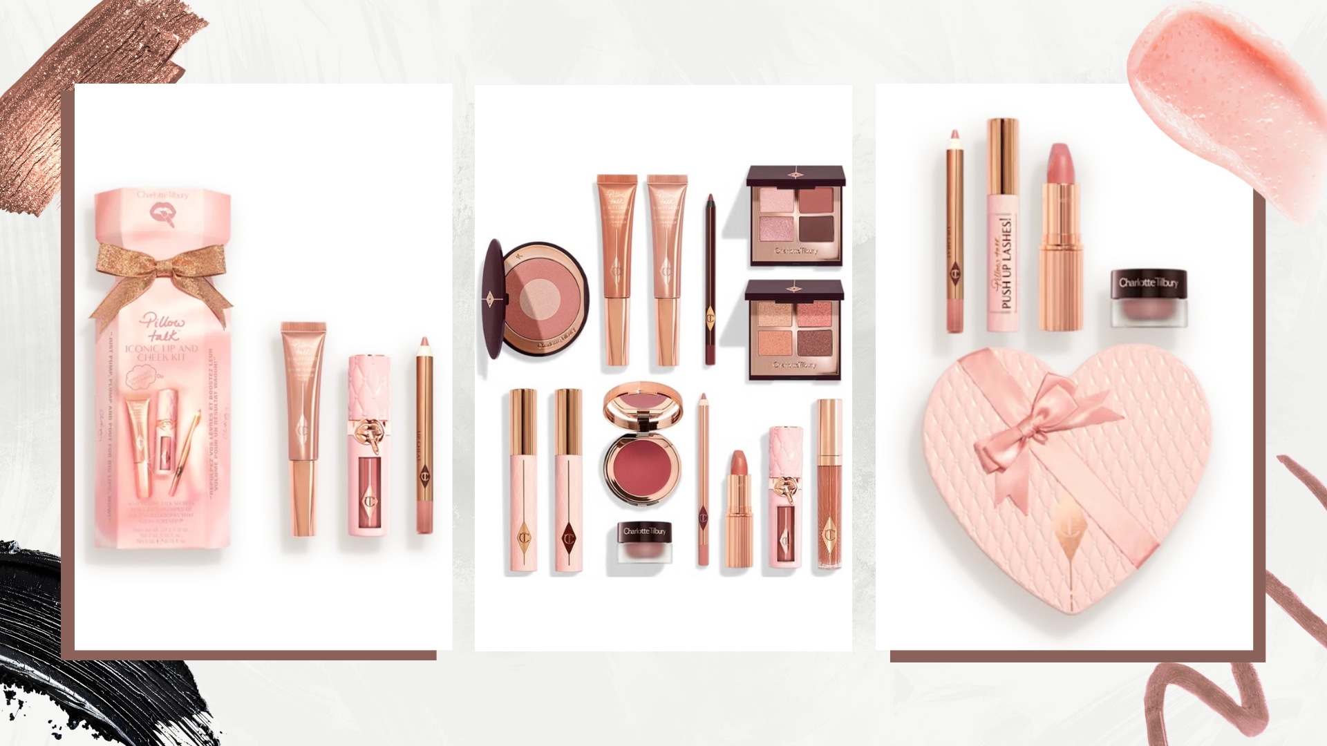 Collage of Charlotte Tilbury gift sets, on a white background with makeup swatches