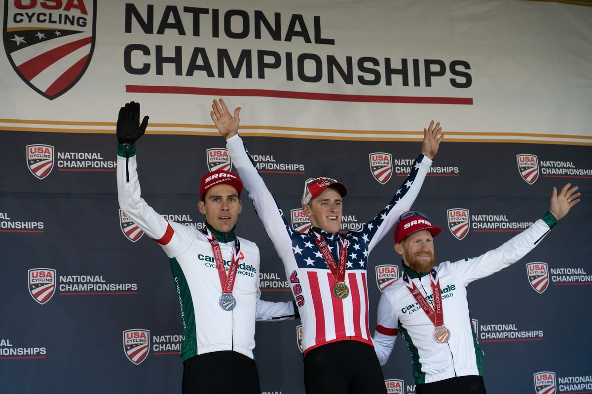 Gage Hecht (Donnelly Aevolo) tops Cannondale p/b Cyclocrossworld pair Curtis White and Stephen Hyde to win the 2019 USA Cycling Cyclo-cross Championships