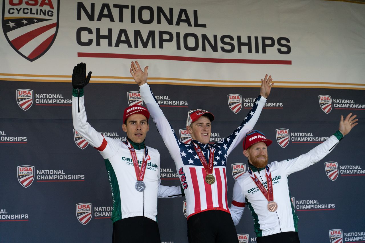 Gage Hecht (Donnelly Aevolo) tops Cannondale p/b Cyclocrossworld pair Curtis White and Stephen Hyde to win the 2019 USA Cycling Cyclo-cross Championships